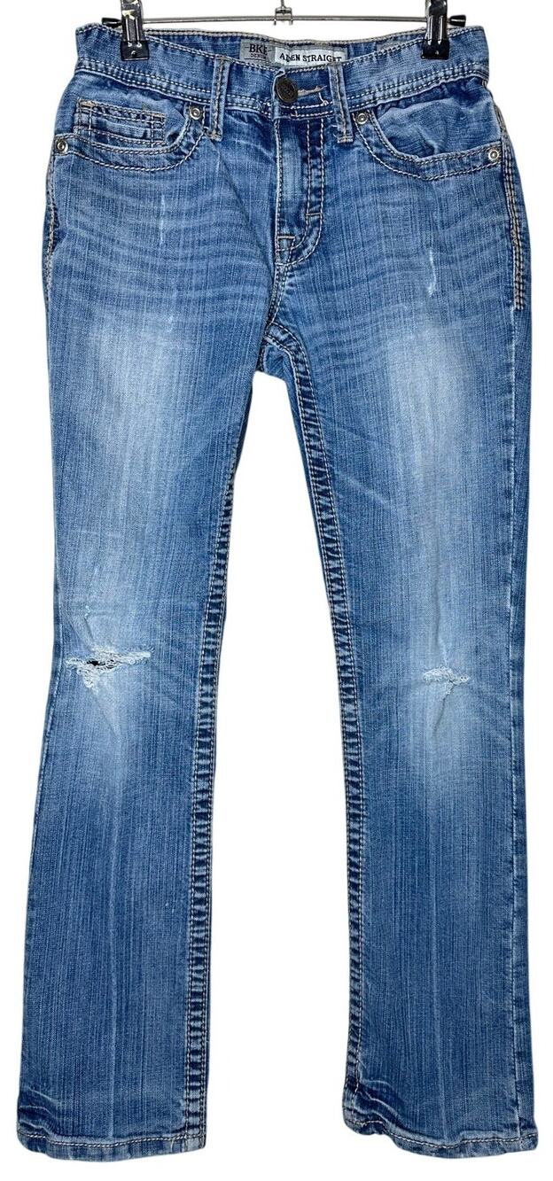 BKE Aiden Straight Leg Denim Jeans Medium Wash Contrast Embroidered Size 26x29